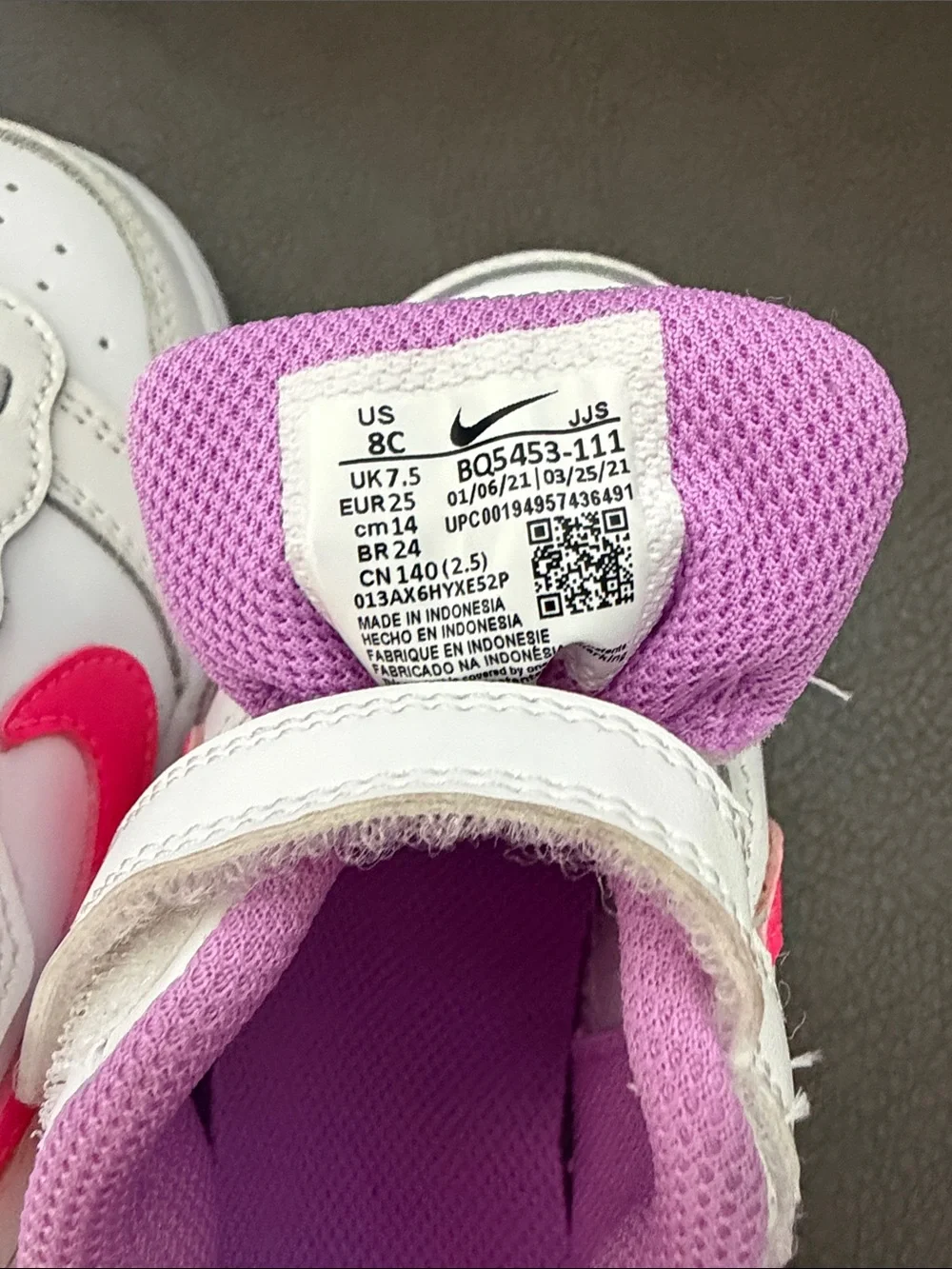 Nike Kids White Sneakers with Pink & Purple Accents